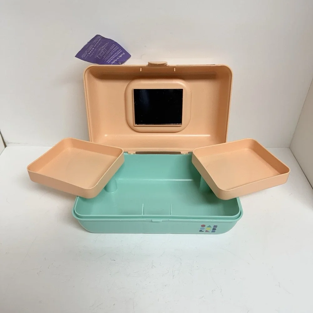 Caboodles Pretty in Petite Makeup Case Peach Teal Caddy With Mirror Retro 2 Tier